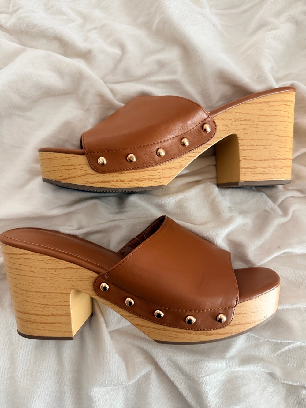 Forever 21 Brown Platform Clog Mules with Gold Studs.